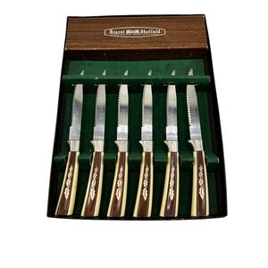 Regent Sheffield Steak Knives Set of 6 Wood Grain Handle Serrated Blade Cutlery